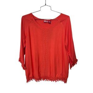 Red Ranch Embroidered Tunic Top Women XL 3/4 Sleeve Fringe Trim Viscose Boho NEW